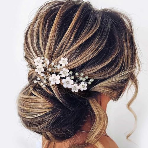 Fstrend Bridal Wedding Hair Pins White Flower Clip Silver Bride Hair Accessory for Women and Girls (Rose gold) - Image 1