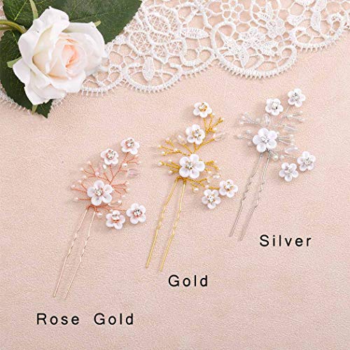 Fstrend Bridal Wedding Hair Pins White Flower Clip Silver Bride Hair Accessory for Women and Girls (Rose gold) - Image 4
