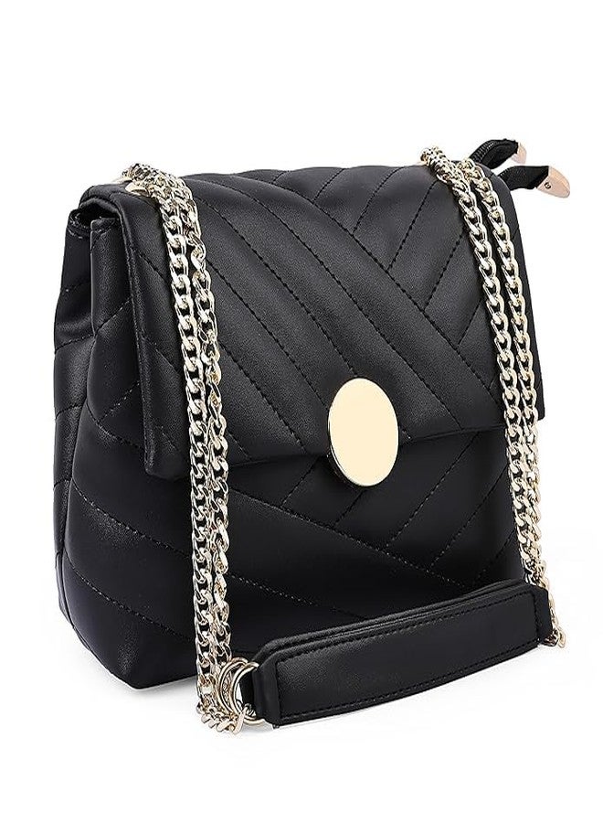 KRIFTY Designer Quilted Crossbody Handbag, Faux Leather, Gold Chain Strap Women,s/Girls (Black) - Image 1
