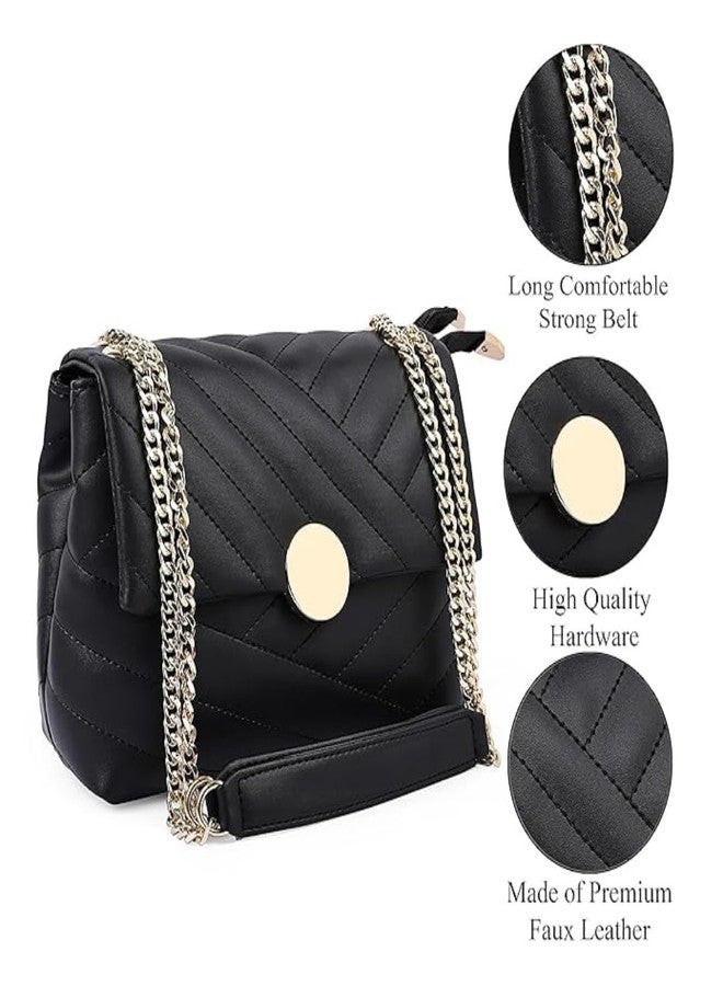 KRIFTY Designer Quilted Crossbody Handbag, Faux Leather, Gold Chain Strap Women,s/Girls (Black) - Image 2