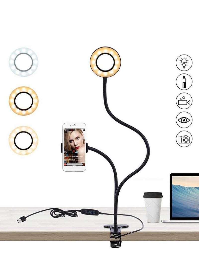 GGOOT Selfie Ring Light with Gooseneck Stand  Phone Holder, 3 Color 10-Level Dimmable LED Desk Lamp with Clamp, Clip-on Lights with Flexible Arm for Selfie, Web Conference, Live-Streaming, Reading and More - Image 1