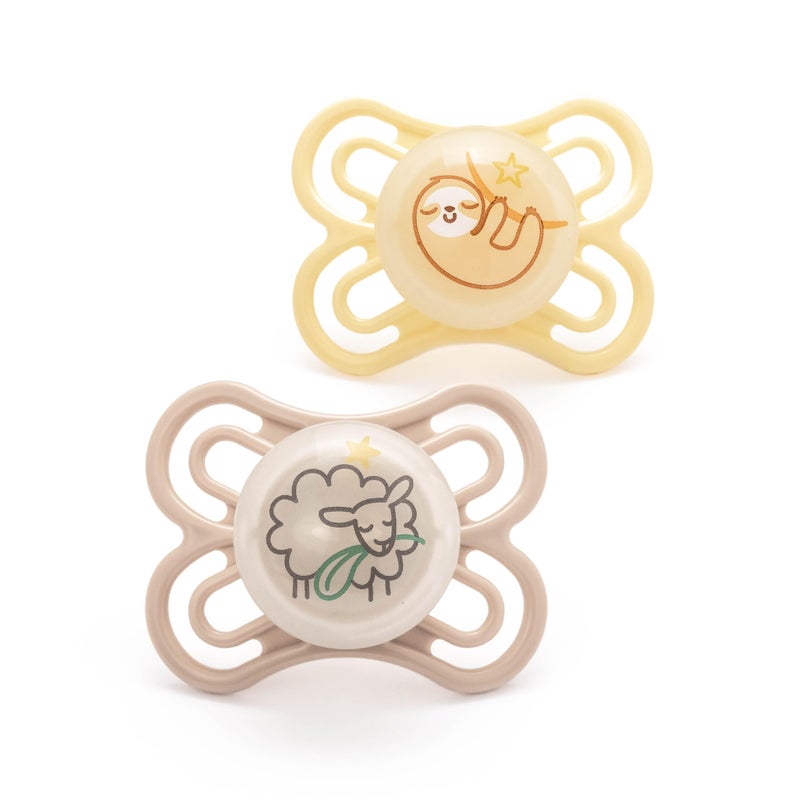 YOOFAN MAM Perfect Night Soothers | 0-6 Months | 2 Pack | Glow in The Dark Dummies | Comes in Dummy Steriliser Case | Baby Accessories for Newborn | White (Various Designs) - Image 1