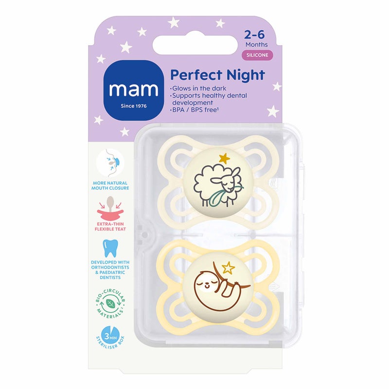 YOOFAN MAM Perfect Night Soothers | 0-6 Months | 2 Pack | Glow in The Dark Dummies | Comes in Dummy Steriliser Case | Baby Accessories for Newborn | White (Various Designs) - Image 2