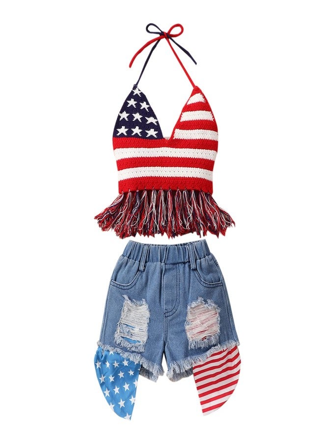 Socutebabe Toddler Girls Fourth of July Outfit Kids American Flag Halter Vest Top Ruffle Jeans Denim Shorts Set (Vest Shorts Set, 4-5 Years) - Image 1