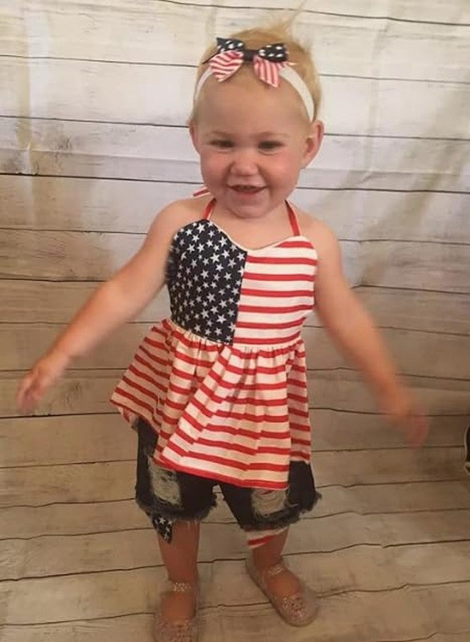 Socutebabe Toddler Girls Fourth of July Outfit Kids American Flag Halter Vest Top Ruffle Jeans Denim Shorts Set (Vest Shorts Set, 4-5 Years) - Image 2
