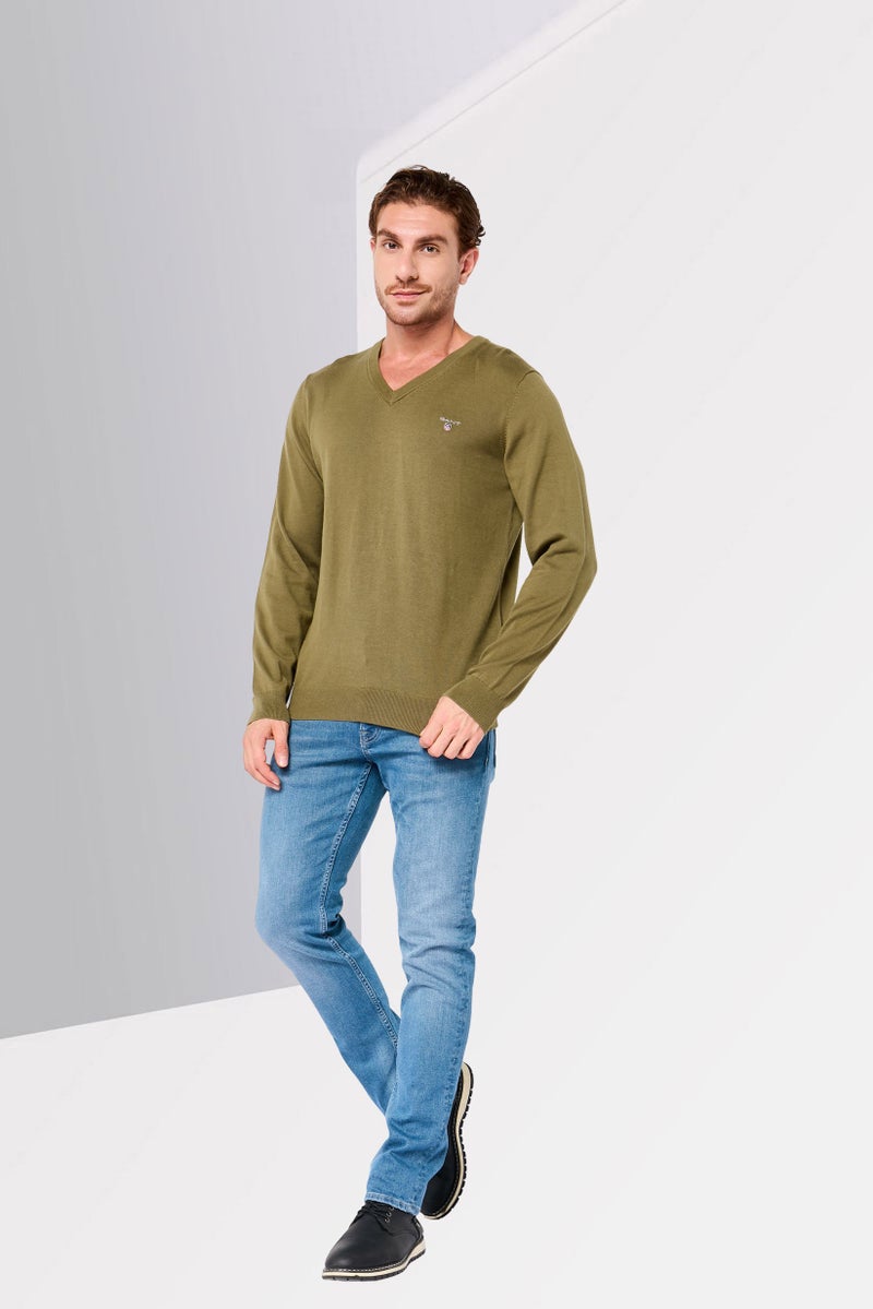 GANT Men V-Neck Embroidered Logo Long Sleeve Sweater, Olive - Image 2