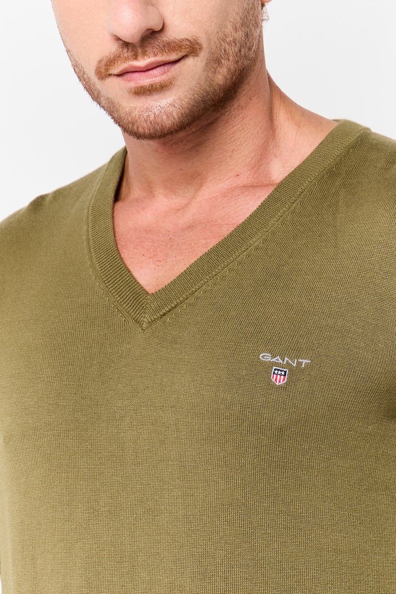 GANT Men V-Neck Embroidered Logo Long Sleeve Sweater, Olive - Image 3