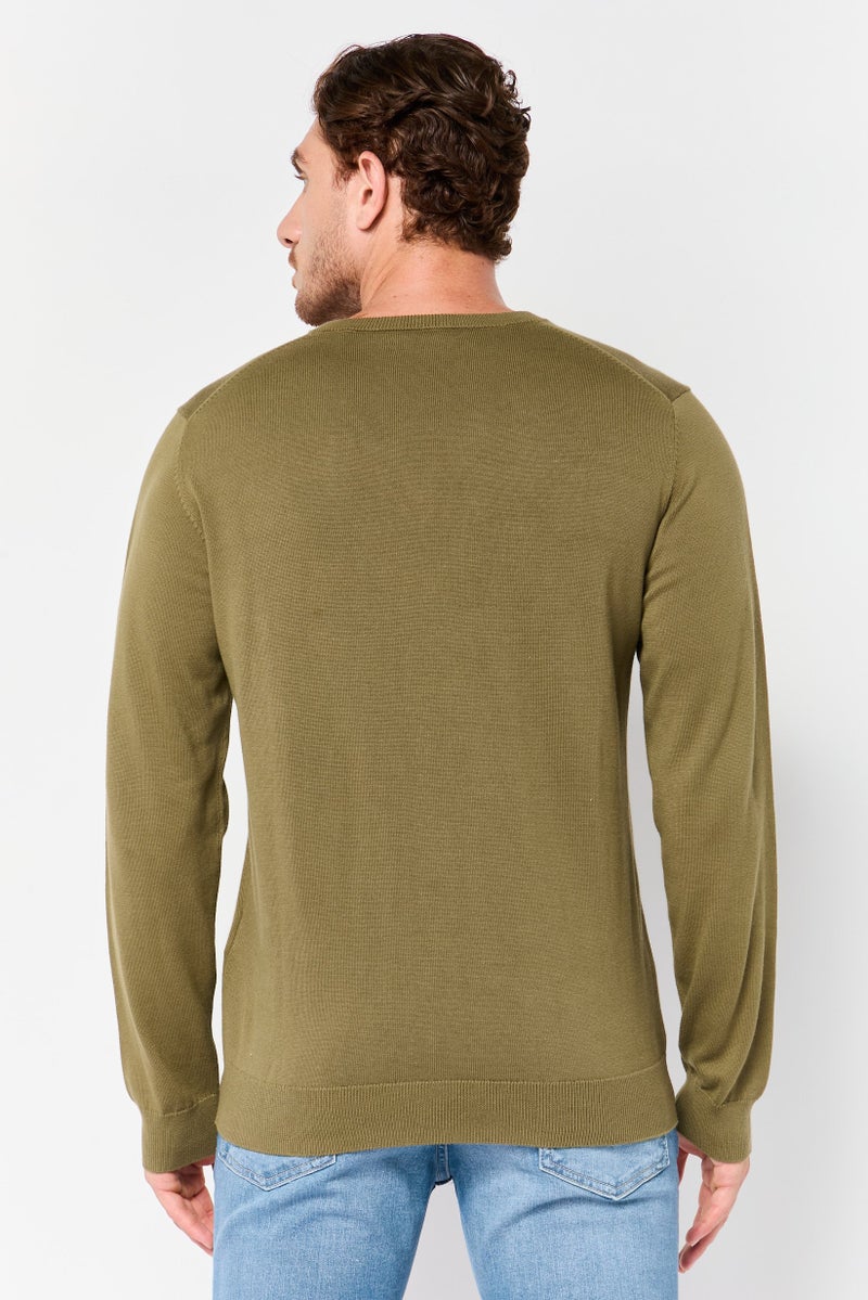 GANT Men V-Neck Embroidered Logo Long Sleeve Sweater, Olive - Image 4