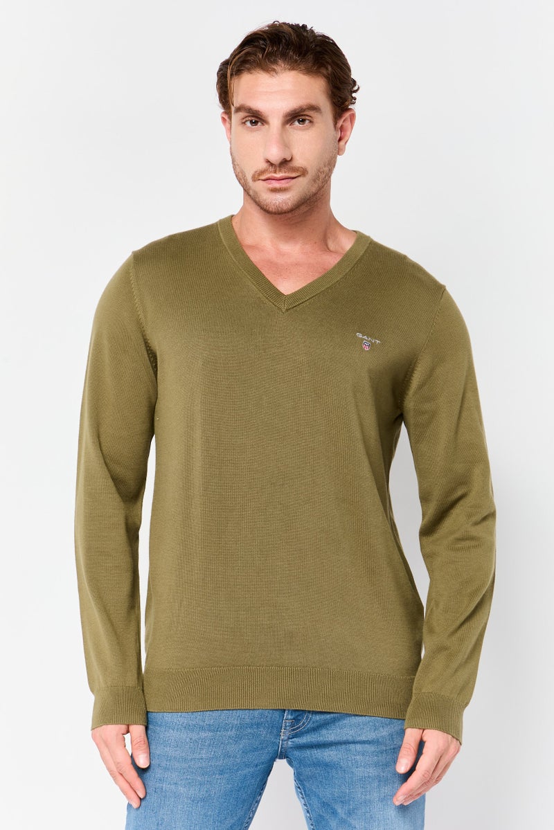 GANT Men V-Neck Embroidered Logo Long Sleeve Sweater, Olive - Image 1