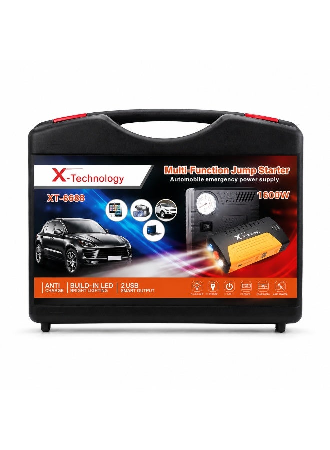 اكس تكنولوجي جهاز تشغيل بطارية السيارة X-Technology XT-886 متعدد الوظائف – 1600 واط – باور بانك مع كشاف LED وشاحن USB - Image 1