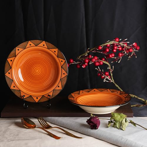 Caffeine Ceramic Handmade Stoneware Brown Soorya Soup Plates/Pasta Plate/Maggie/Macaroni Plate 9 Inch Set of 2 Microwave & Dishwasher Safe - Image 1