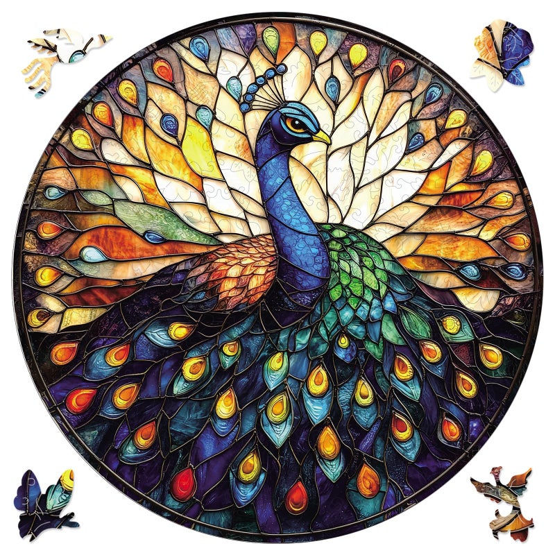 Qiuenisray Wooden Puzzles for Adults 500 Piece Stained Glass Peacock Jigsaw Puzzles Wall Decor FSC Certified Unique Shape Adult Puzzles for Family Friend 165 x 165 in - Image 3