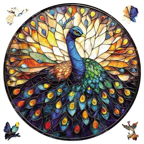 Qiuenisray Wooden Puzzles for Adults 500 Piece Stained Glass Peacock Jigsaw Puzzles Wall Decor FSC Certified Unique Shape Adult Puzzles for Family Friend 165 x 165 in - Image 1