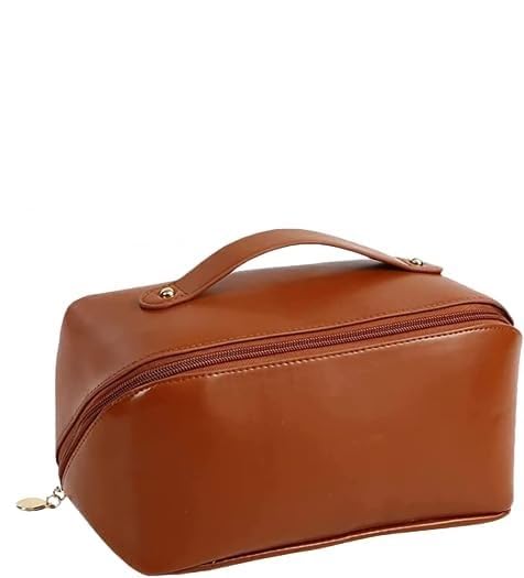 XBEY Portable Leather Cosmetic Make Up Storage Bags with Handle and Divider Large Capacity Cosmetic Travel Bag Ideal for Women and Girl 1 PCS Brown - Image 1
