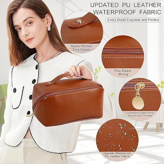 XBEY Portable Leather Cosmetic Make Up Storage Bags with Handle and Divider Large Capacity Cosmetic Travel Bag Ideal for Women and Girl 1 PCS Brown - Image 3