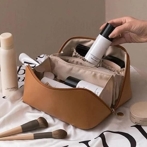 XBEY Portable Leather Cosmetic Make Up Storage Bags with Handle and Divider Large Capacity Cosmetic Travel Bag Ideal for Women and Girl 1 PCS Brown - Image 2
