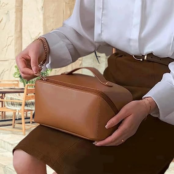 XBEY Portable Leather Cosmetic Make Up Storage Bags with Handle and Divider Large Capacity Cosmetic Travel Bag Ideal for Women and Girl 1 PCS Brown - Image 4