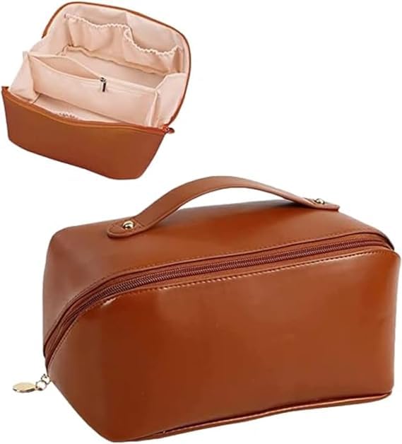 XBEY Portable Leather Cosmetic Make Up Storage Bags with Handle and Divider Large Capacity Cosmetic Travel Bag Ideal for Women and Girl 1 PCS Brown - Image 5