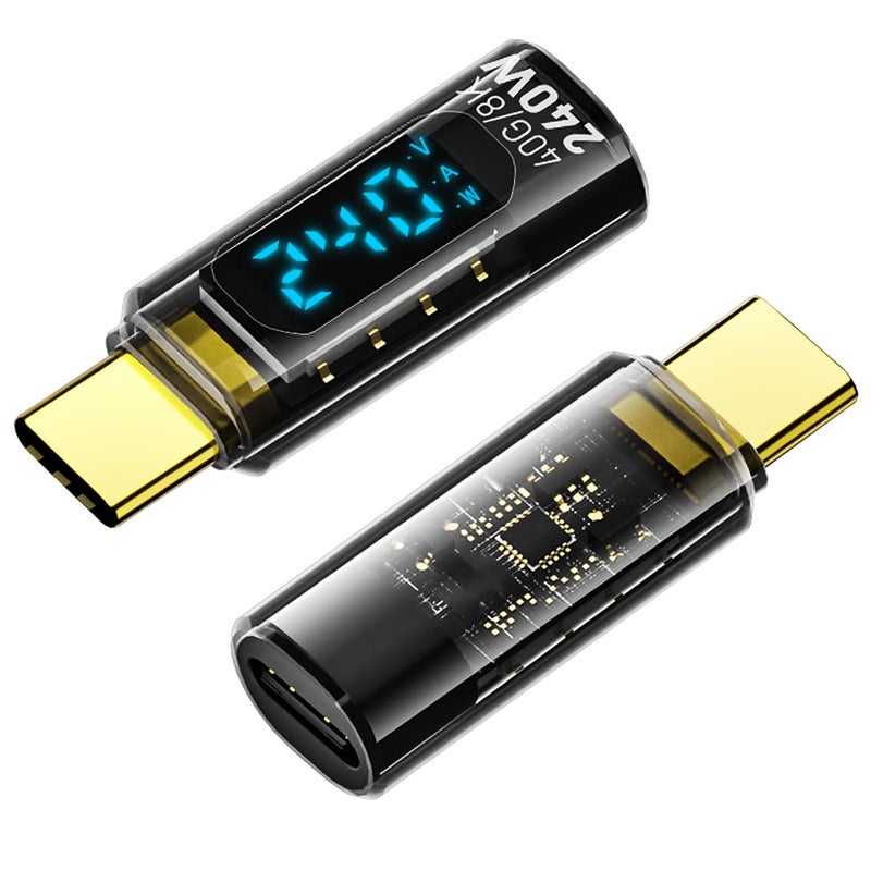 Jadebones 2 Pack USB C Adapter with Digital Display, PD 240W USB-C Male to Female Connector for iPhone 15 Series, iPad, MacBook, Support Voltage, Current and Power Smart LED Display (Transparent) - Image 1