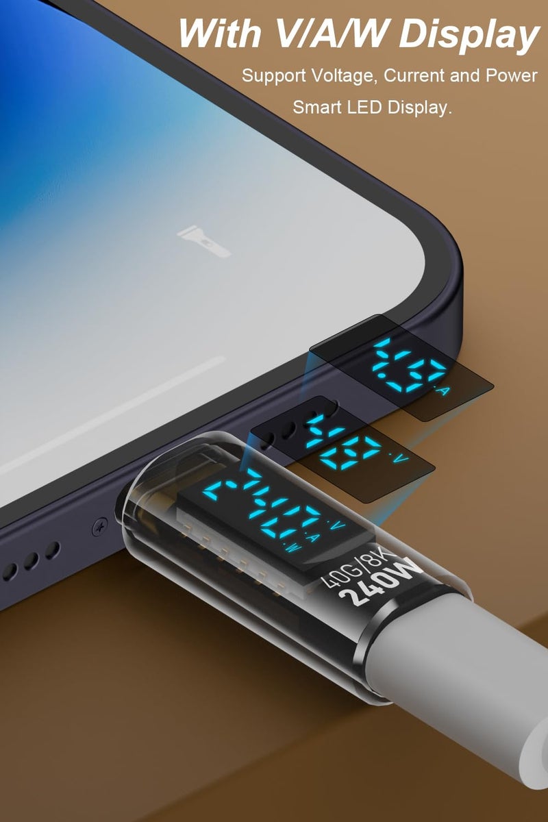 Jadebones 2 Pack USB C Adapter with Digital Display, PD 240W USB-C Male to Female Connector for iPhone 15 Series, iPad, MacBook, Support Voltage, Current and Power Smart LED Display (Transparent) - Image 3