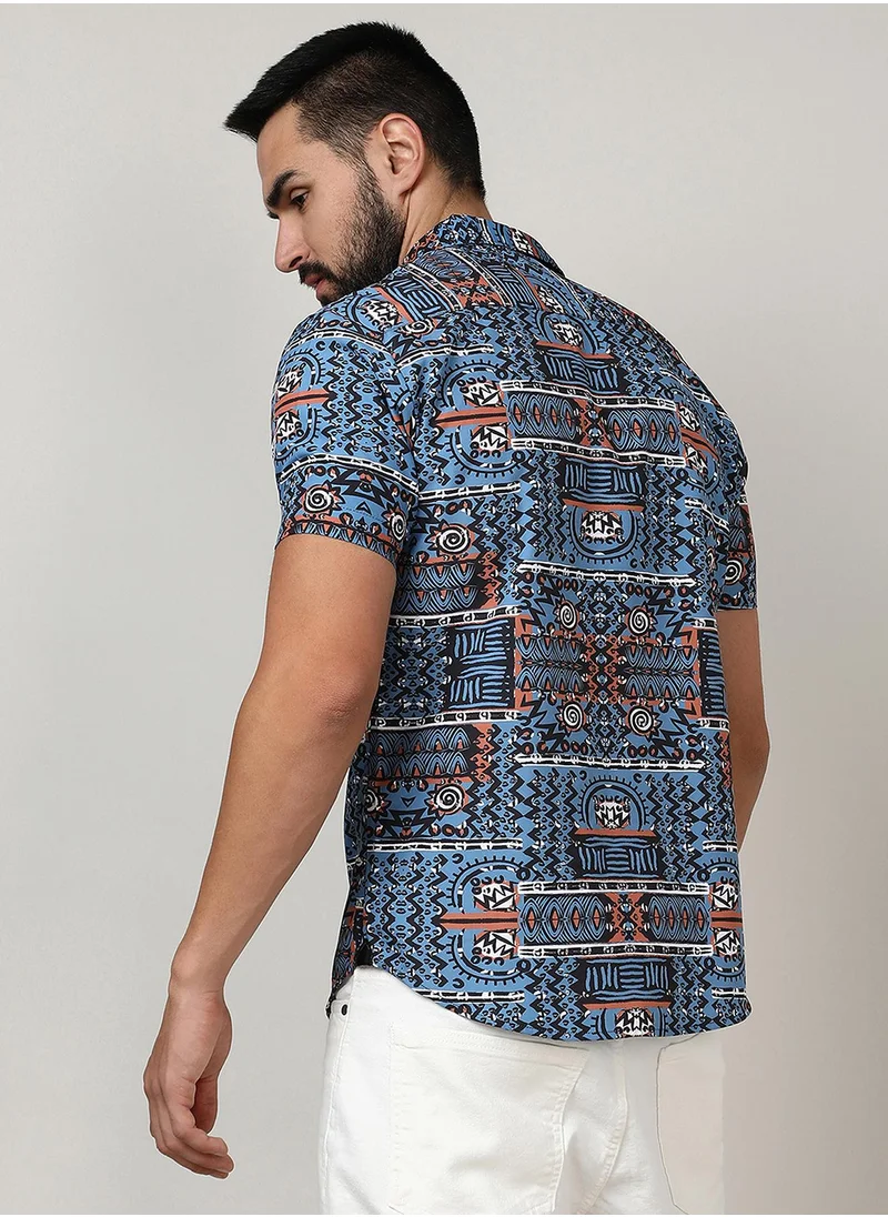 Campus Sutra Men's Icy Blue Artistic Bohemian Shirt