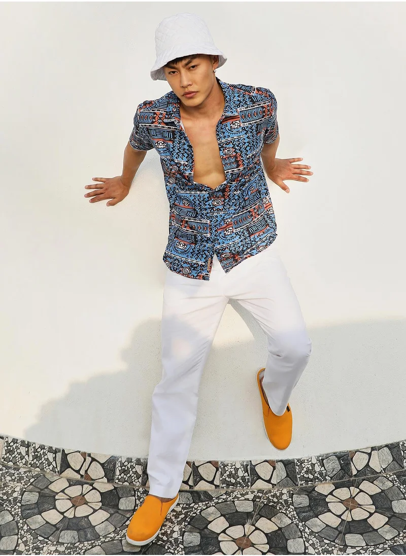 Campus Sutra Men's Icy Blue Artistic Bohemian Shirt
