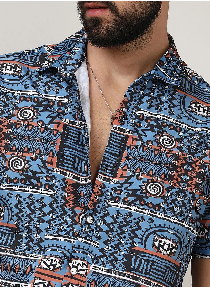 Campus Sutra Men's Icy Blue Artistic Bohemian Shirt