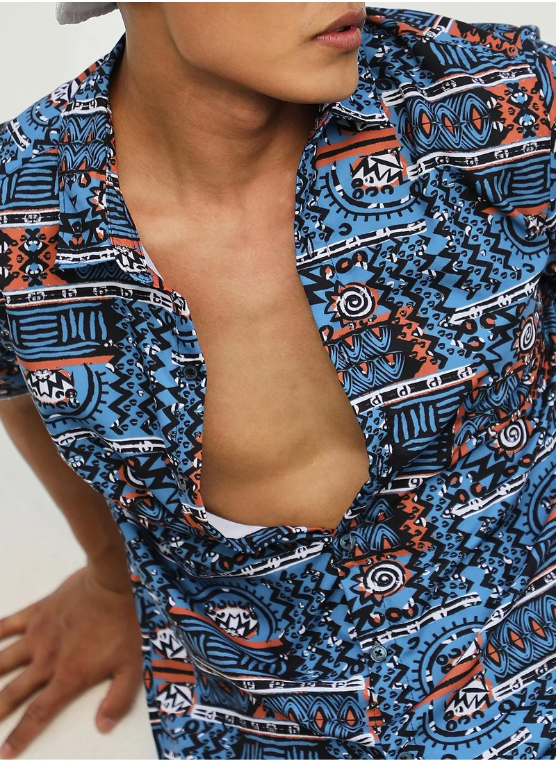 Campus Sutra Men's Icy Blue Artistic Bohemian Shirt