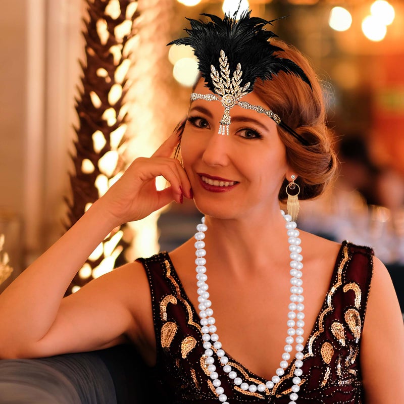 PLULON 8 Pieces 1920s Flapper Great Gatsby Accessories Set Fashion Roaring 20's Theme Set Black - Image 3