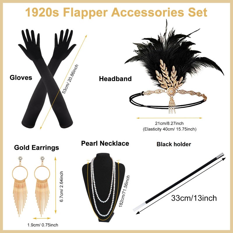 PLULON 8 Pieces 1920s Flapper Great Gatsby Accessories Set Fashion Roaring 20's Theme Set Black - Image 2