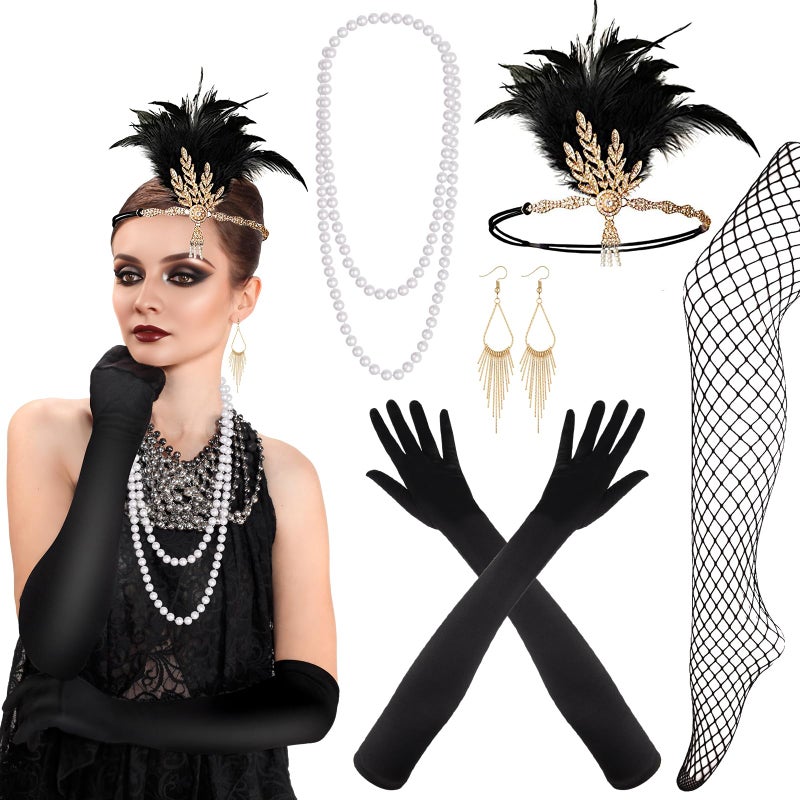 PLULON 8 Pieces 1920s Flapper Great Gatsby Accessories Set Fashion Roaring 20's Theme Set Black - Image 1