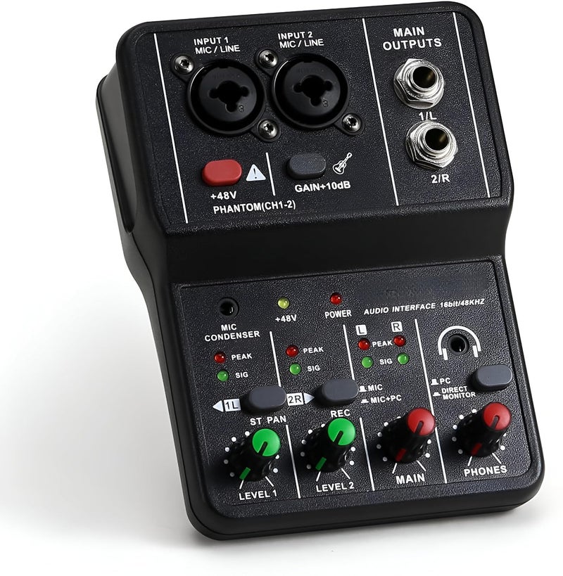 Powerpak Q12 2 Channels Audio Mixer | Sound Card USB Audio Interface, 48V Phantom Power, 3.5mm Headphone Input Mixer for Karaoke Computer Recording Singing Live Streaming - Image 1