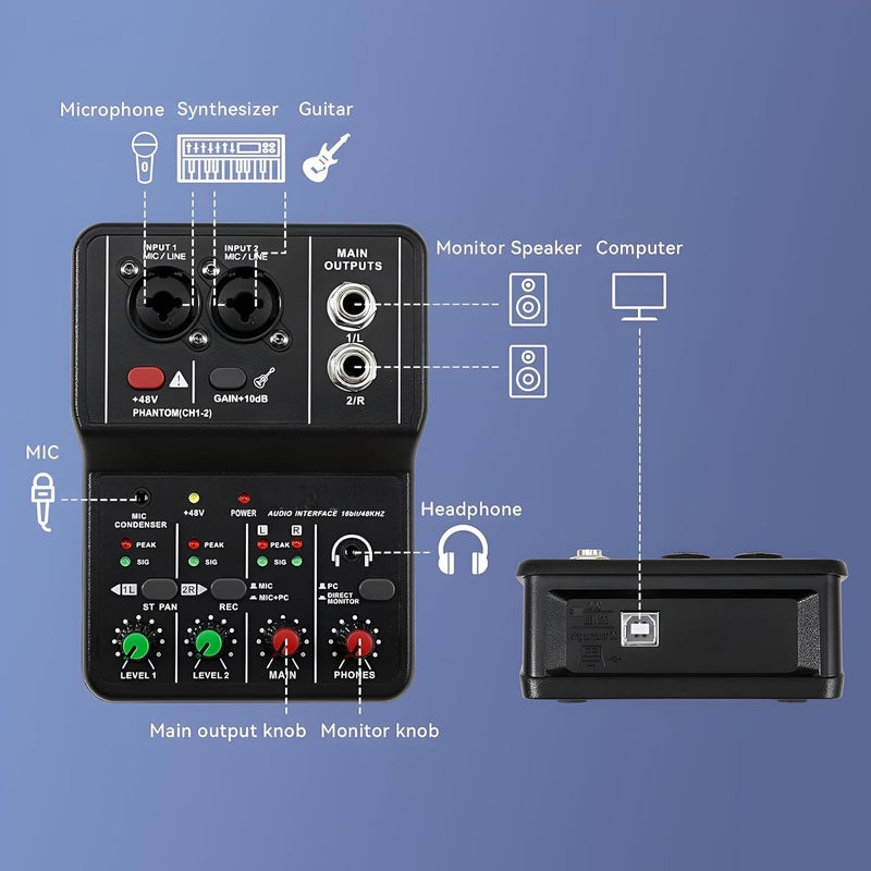 Powerpak Q12 2 Channels Audio Mixer | Sound Card USB Audio Interface, 48V Phantom Power, 3.5mm Headphone Input Mixer for Karaoke Computer Recording Singing Live Streaming - Image 3