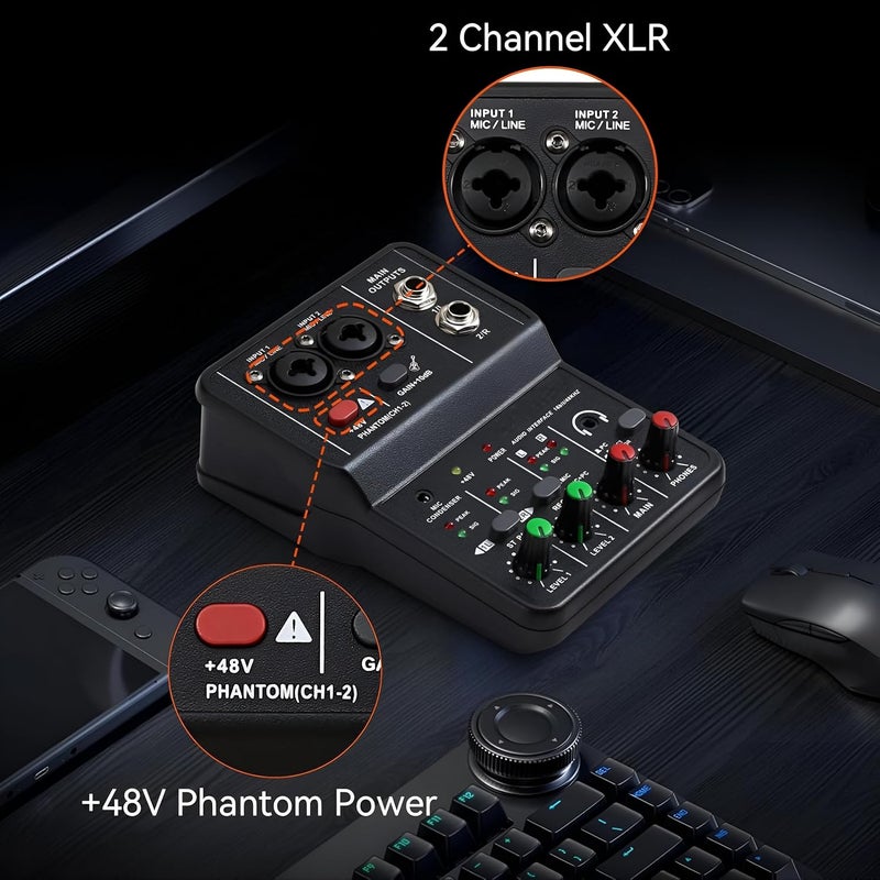 Powerpak Q12 2 Channels Audio Mixer | Sound Card USB Audio Interface, 48V Phantom Power, 3.5mm Headphone Input Mixer for Karaoke Computer Recording Singing Live Streaming - Image 4