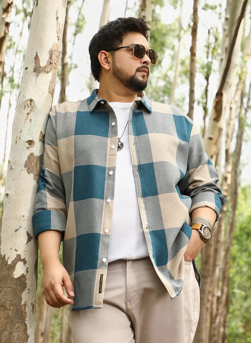 Instafab Plus Instafab Plus Men Buffalo-Woven Regular Shirt | Button-Down Collar , Long Cuffed Sleeve | Button Closure , Curved Hem | Checks Jacquard | Woven Fabric For Casual & Daily Wear | Azure Blue & Off-White
