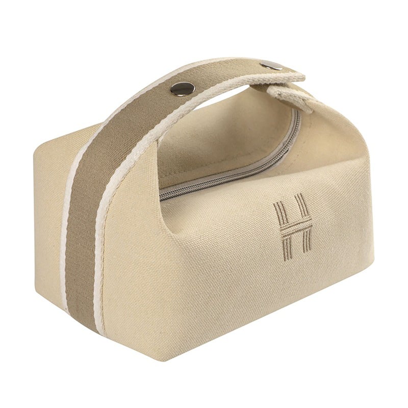 Portable Makeup Bag Waterproof Soft Canvas Large Capacity Cosmetic Bag with Handle for Outdoor Travel White - Image 1