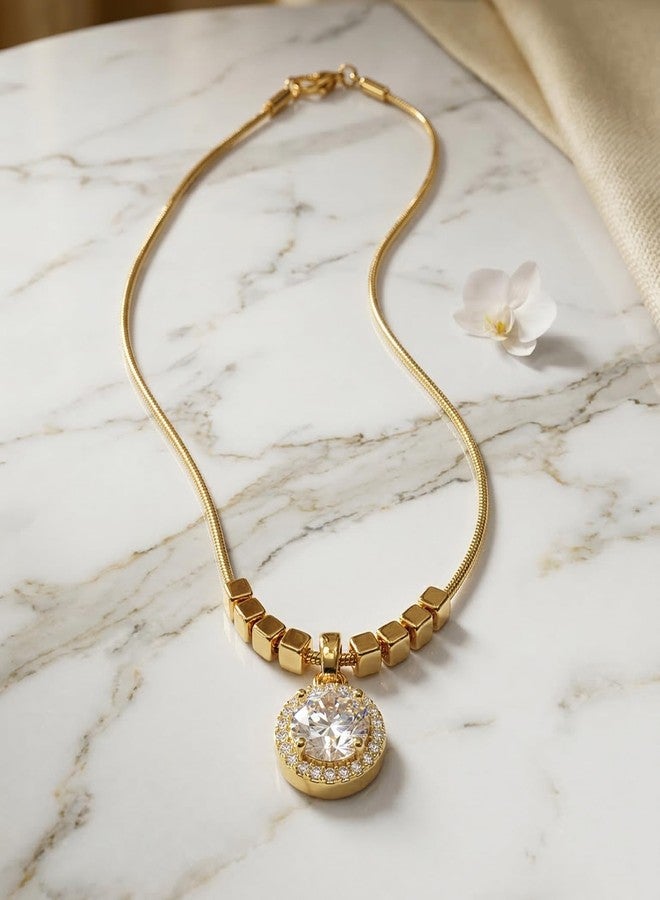 Dbell Anti Tarnish Round Diamond Pendant Necklace for Women & Girls | Stainless Steel Gold Plated Chain | Waterproof and Fancy looks Jewellery - Image 4
