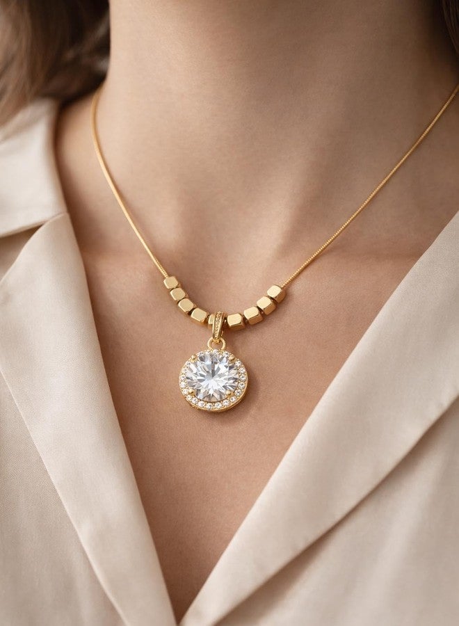 Dbell Anti Tarnish Round Diamond Pendant Necklace for Women & Girls | Stainless Steel Gold Plated Chain | Waterproof and Fancy looks Jewellery - Image 5