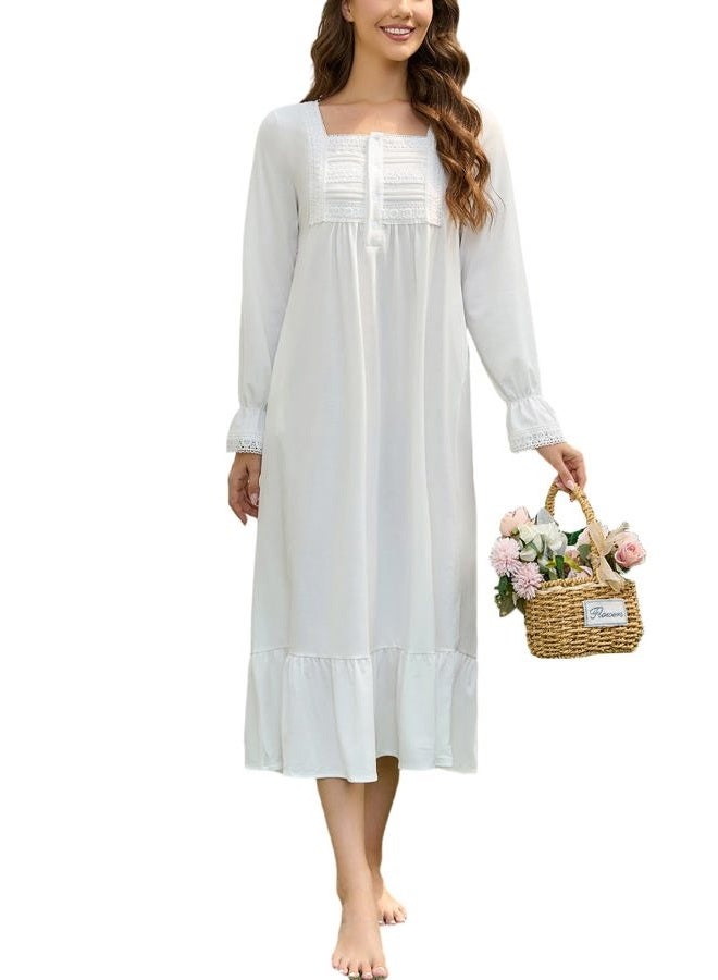 Rubehoow Women's Nightgown Victorian Nightwear Long Sleeve Vintage Pajama Dress Soft Cotton Loungewear with Pockets, Cream White, S - Image 1