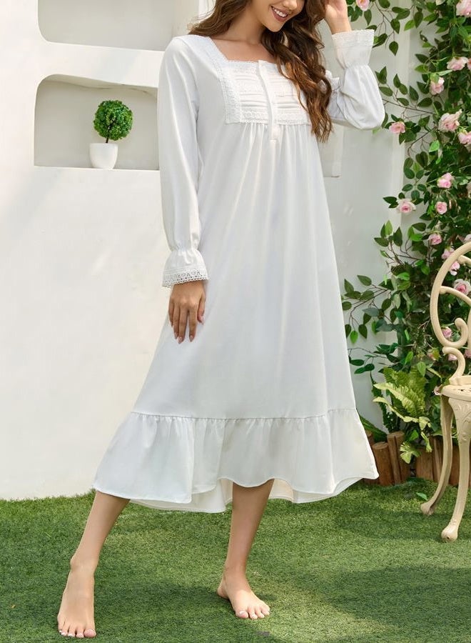 Rubehoow Women's Nightgown Victorian Nightwear Long Sleeve Vintage Pajama Dress Soft Cotton Loungewear with Pockets, Cream White, S - Image 3