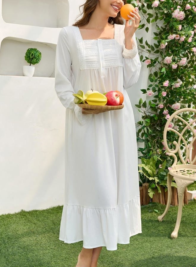Rubehoow Women's Nightgown Victorian Nightwear Long Sleeve Vintage Pajama Dress Soft Cotton Loungewear with Pockets, Cream White, S - Image 2