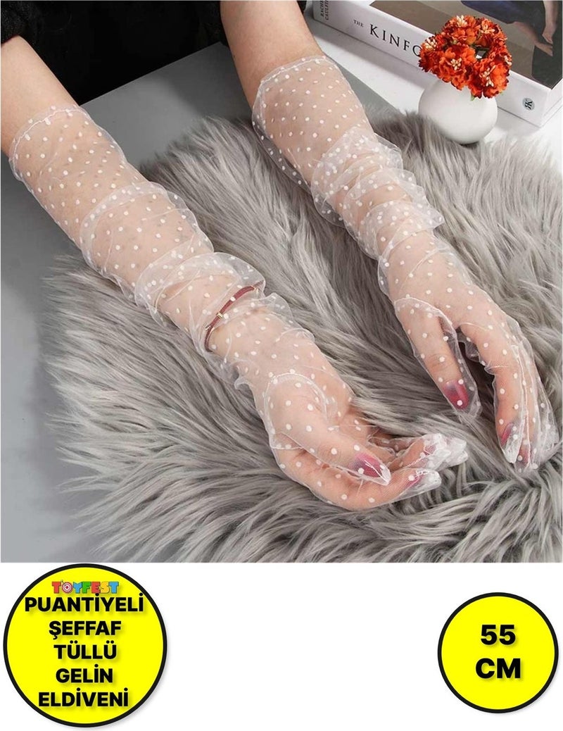 Toyfest Long White Polka Dot White Color Adult Tulle Gloves Bridal Tulle Gloves 55 cm  - Image 1