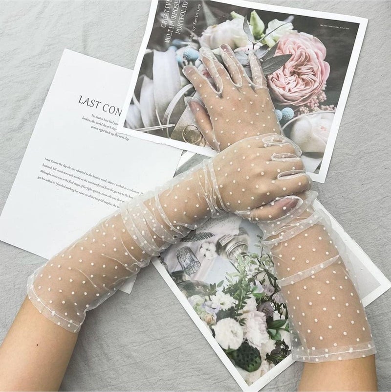 Toyfest Long White Polka Dot White Color Adult Tulle Gloves Bridal Tulle Gloves 55 cm  - Image 3