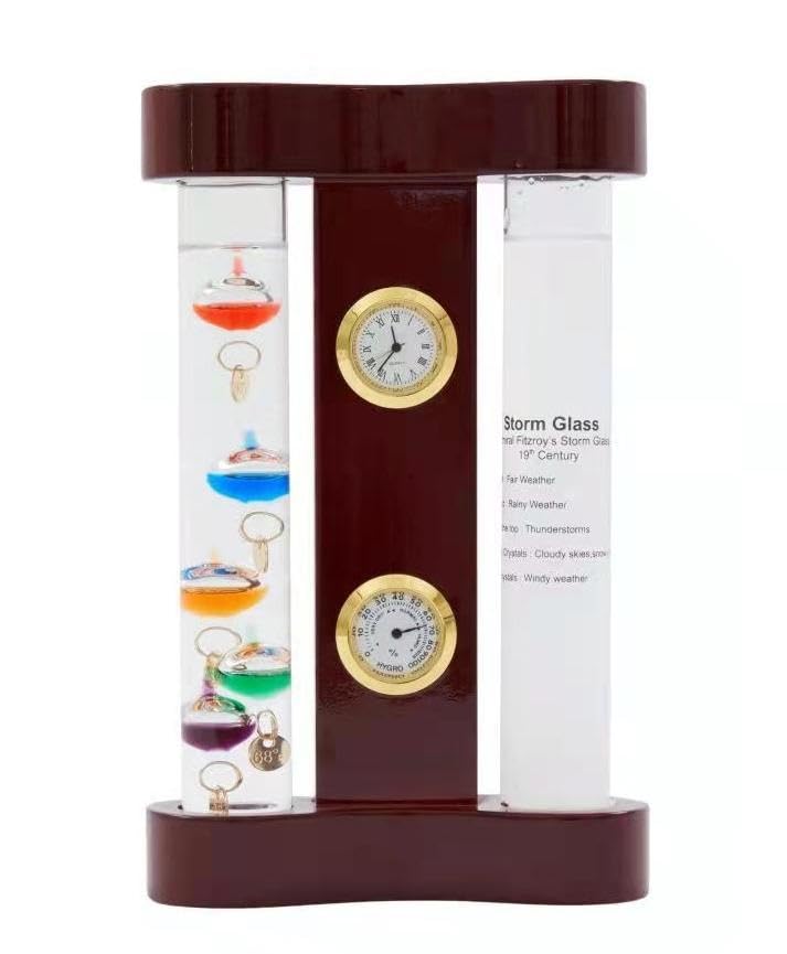 JINGYUE Analog Weather Station with Glass Galileo Thermometer Fitzroy Storm Glass Precision Quartz Clock and Analog Hygrometer Gift for Family or Friends Present Home, Office Indoor DÃ©cor (7" x 4.3") - Image 1