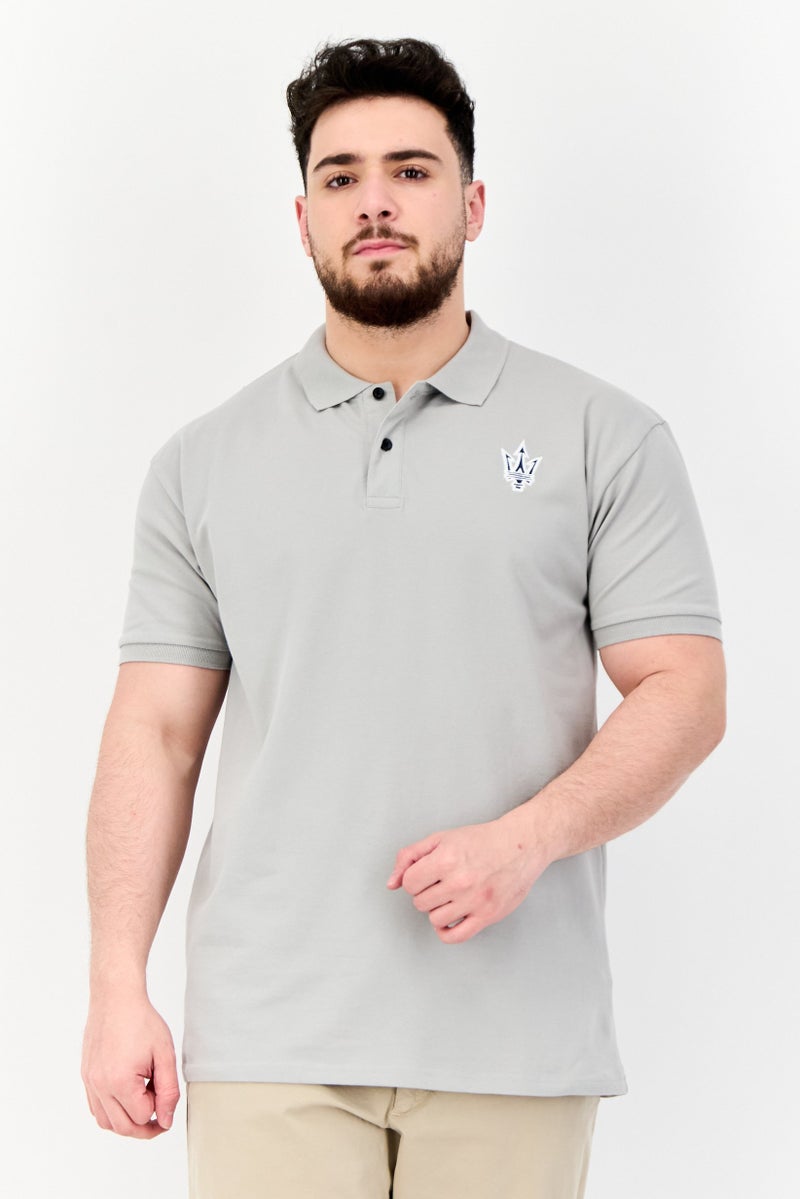 Maserati Men Regular Fit Embroidered Logo Short Sleeves Polo Shirt, Light Grey - Image 1