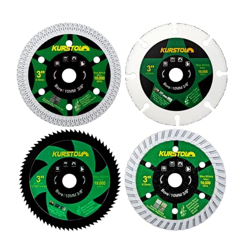 KURSTOL 3 Inch Saw Blade Set - 4pcs 75mm Cutting Disc for Tile Metal Wood Concrete, Arbor 3/8"(10mm) for Mini Angle Grinder - Image 1