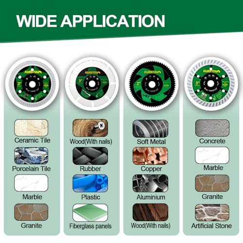 KURSTOL 3 Inch Saw Blade Set - 4pcs 75mm Cutting Disc for Tile Metal Wood Concrete, Arbor 3/8"(10mm) for Mini Angle Grinder - Image 2