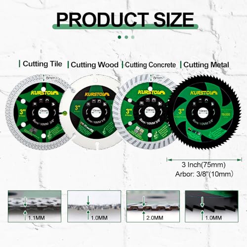 KURSTOL 3 Inch Saw Blade Set - 4pcs 75mm Cutting Disc for Tile Metal Wood Concrete, Arbor 3/8"(10mm) for Mini Angle Grinder - Image 3