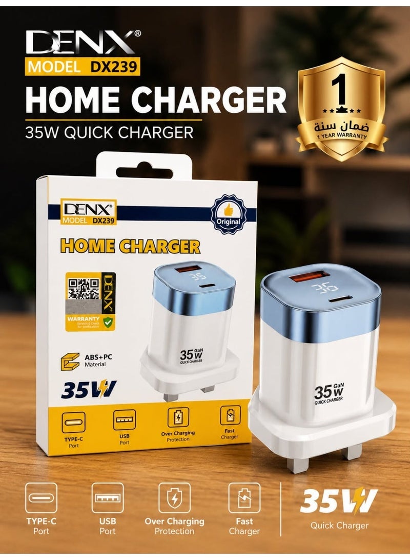Denx DX239 35W GaN Fast Wall Charger, USB-C PD + USB-A QC 3.0 Dual Port UK 3-Pin Power Adapter, Fast Charging Home Charger Compatible with iPhone 16/15/14, Samsung Galaxy S25/S24, Xiaomi, Huawei, Oppo, Vivo, iPad, Tablets, 1 Year Warranty - Image 2