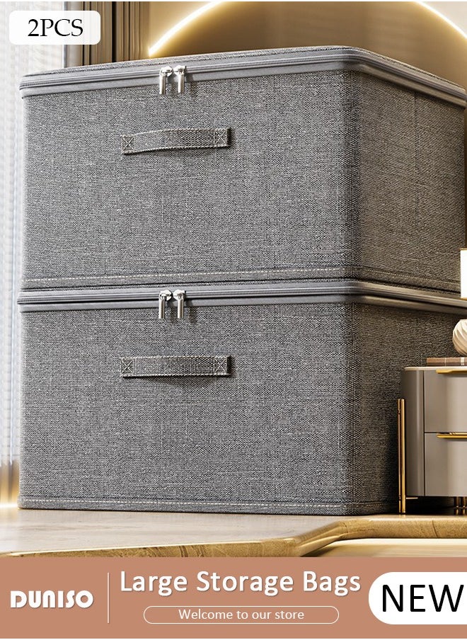 DUNISO 2PCS Large Storage Bags, Clothes Storage Bins with Zip Lid Foldable Closet Organizers Storage Containers with Durable Handles Thick Fabric Storage Box for Blanket Comforter Clothing Bedding  - Image 1
